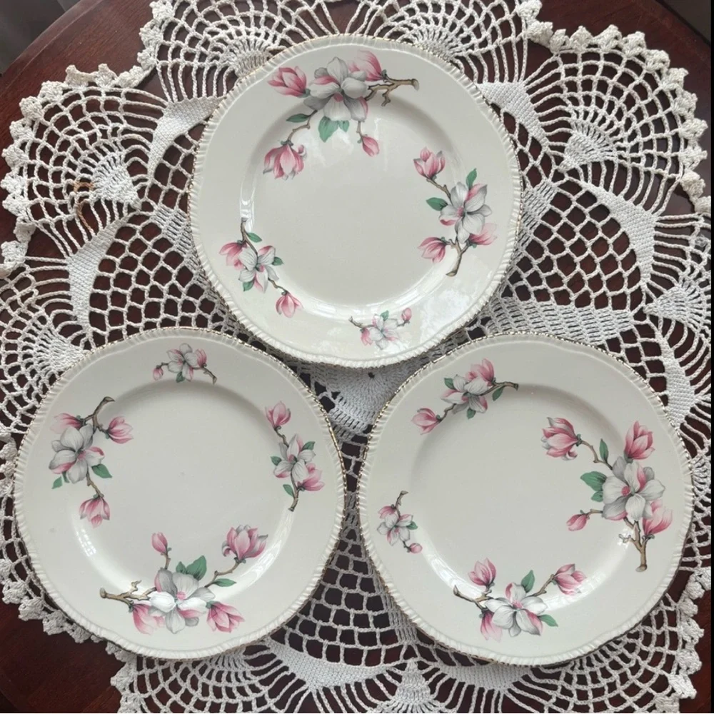 Vintage Pink Floral Plates Homer Laughlin Dogwood Gold Trim Fine China 3 Pc Set